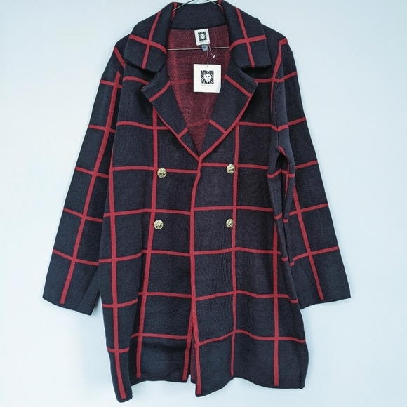 Anne Klein Windowpane Check Open Front Sweater Coat Cardigan Navy Deep Red sz L - Picture 2 of 9